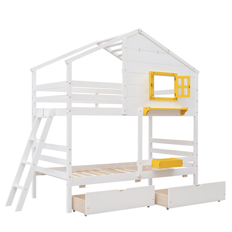 Twin over Twin Bunk Bed with 2 Drawers, 1 Storage Box, 1 Shelf, Window and Roof-White(OLD SKU:LT000608AAK)