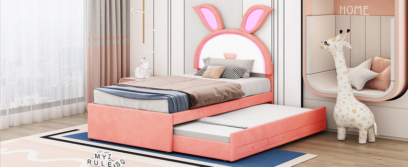 Twin Size Upholstered Platform Bed with Trundle and 3 Drawers, Rabbit-Shaped Headboard with Embedded LED Lights, Pink