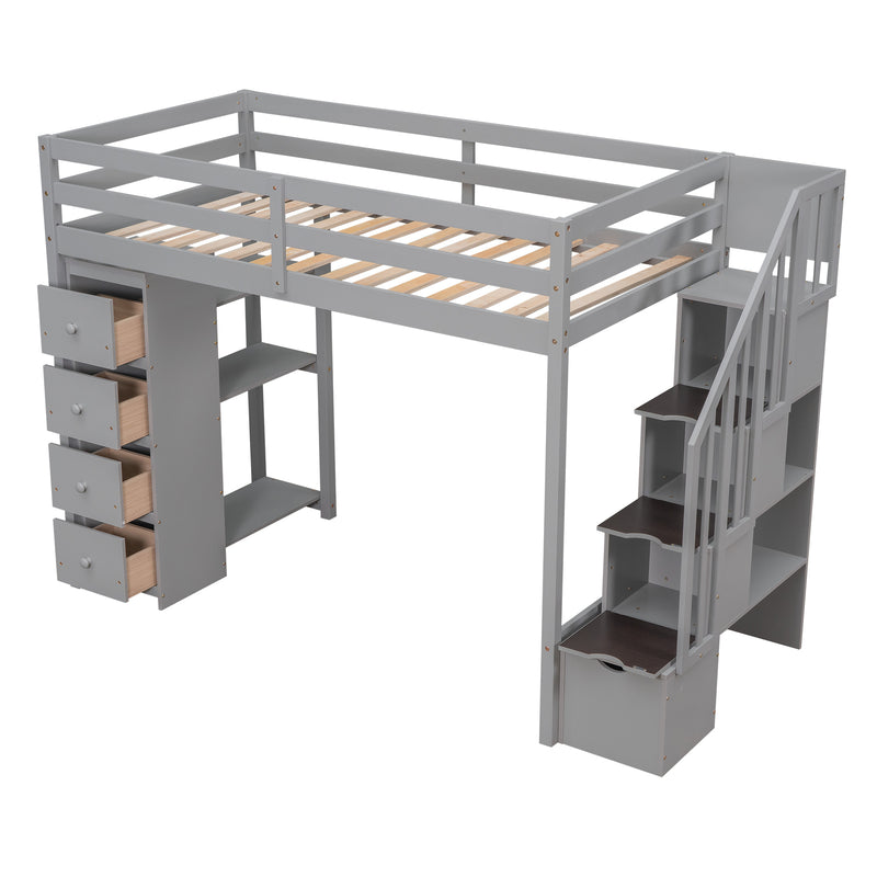 Twin size Loft Bed with Storage Drawers and Stairs, Wooden Loft Bed with Shelves - Gray