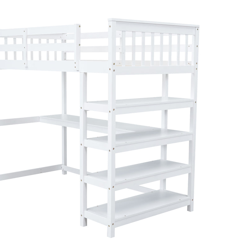 Twin Size Loft Bed with Storage Shelves and Under-bed Desk, White