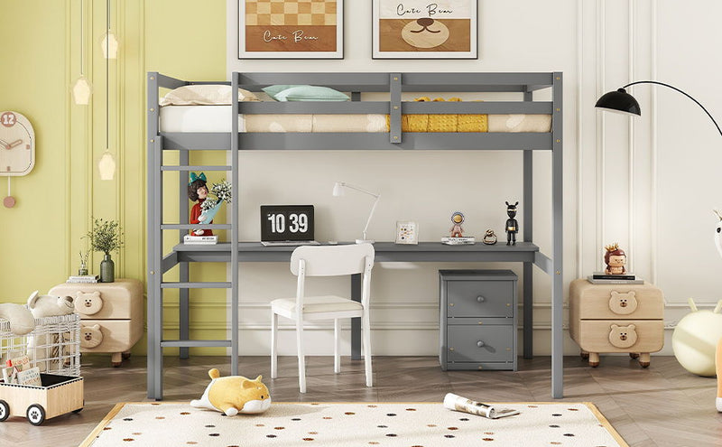 Loft Wood Bed With Under-Bed, Built-In Desk, A Storage Cabinet Of 2 Drawers, Guardrails, Ladder