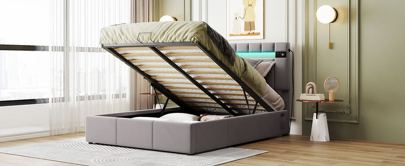 Upholstered Bed Full Size with LED light, Bluetooth Player and USB Charging, Hydraulic Storage Bed in Gray Velvet Fabric