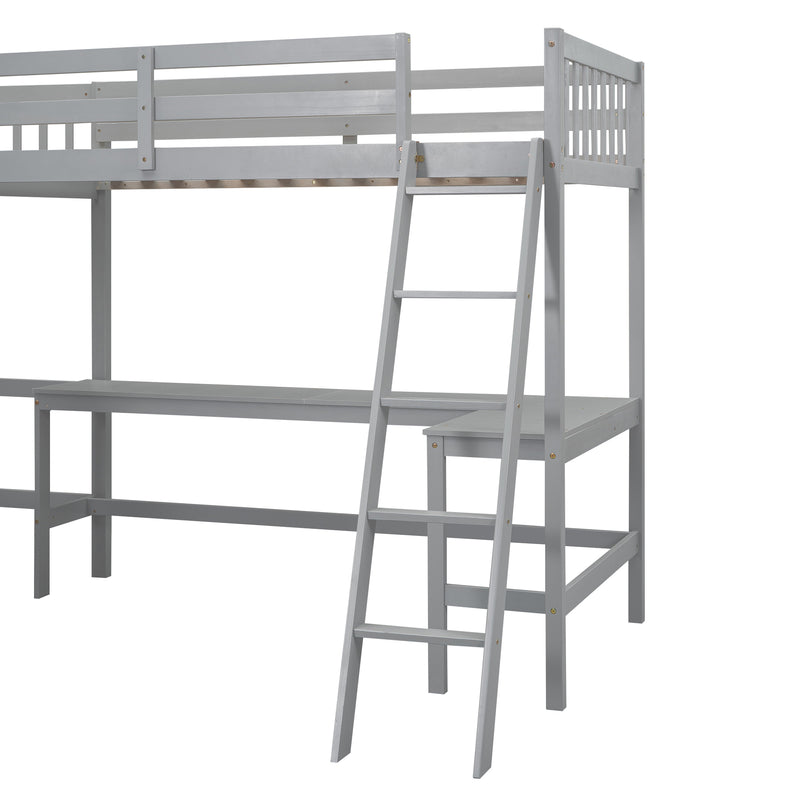 Wood Twin Size L-Shaped Loft Bed with Ladder and 2 Built-in L-Shaped Desks, Gray