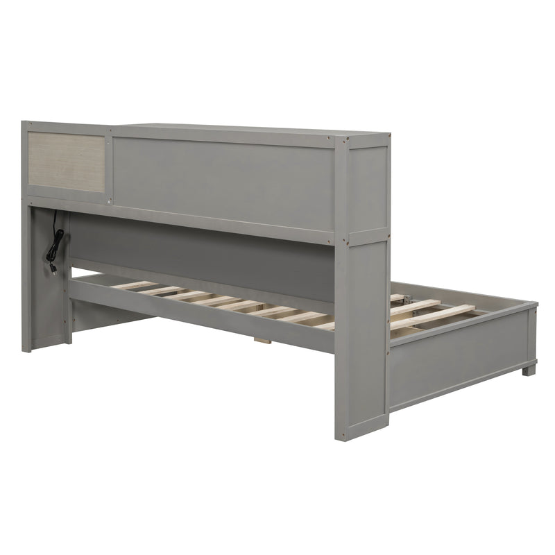 Twin Size Wooden Daybed with 3 Storage Drawers, Upper Soft Board, shelf, and a set of Sockets and USB Ports, Gray