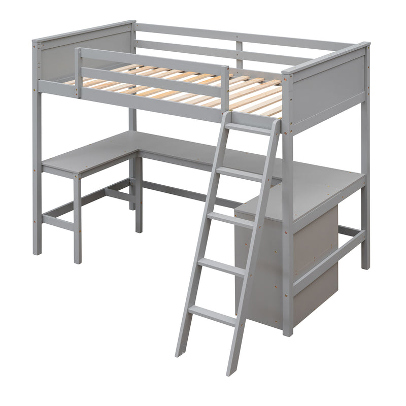 Twin size Loft Bed with Shelves and Desk, Wooden Loft Bed with Desk - Gray(OLD SKU:LT000537AAE)