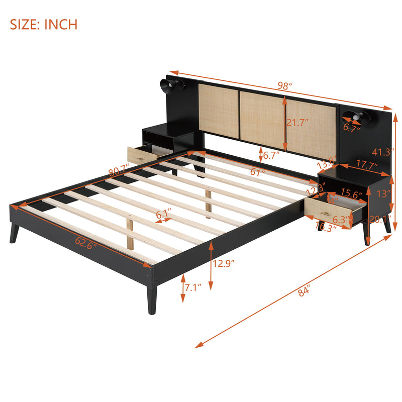 Solid Wood Bed Frame With 2 Nightstands, Elegant Design With Lamps, Rattan And Wood Combination