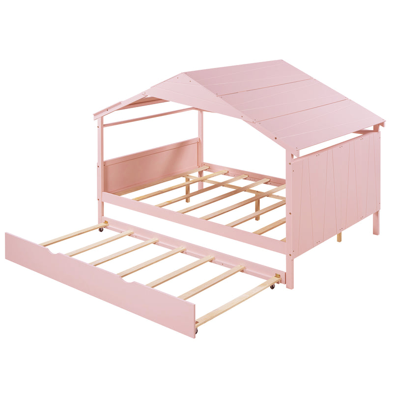 Wood Full Size House Bed with Twin Size Trundle and Storage, Pink