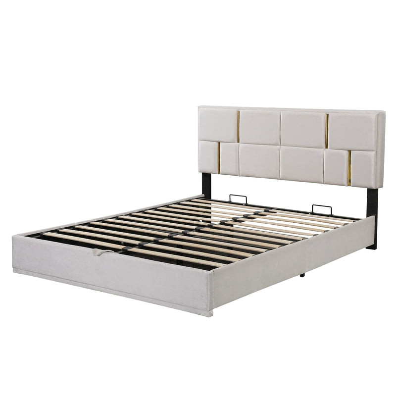 Queen Size Upholstered Platform Bed with Hydraulic Storage System,No Box Spring Needed,Beige