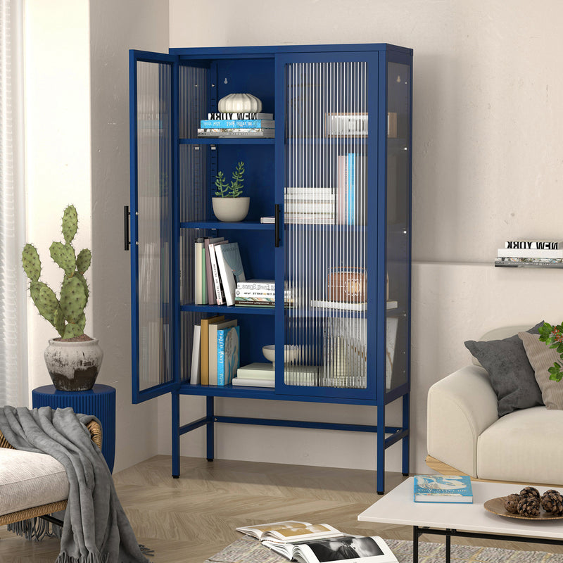 Double Glass Door Storage Cabinet with Adjustable Shelves and Feet Cold-Rolled Steel Sideboard Furniture for Living Room Kitchen BLUE