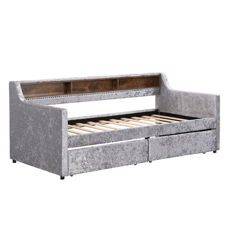 Twin Size Snowflake Velvet Daybed with Two Storage Drawers and Built-in Storage Shelves,Gray