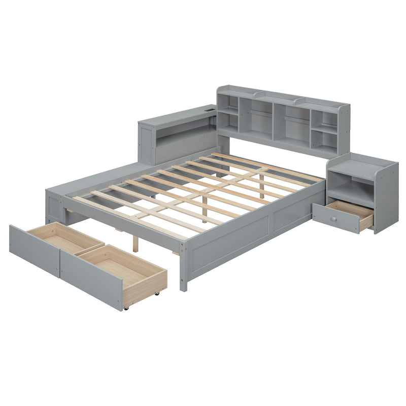 Platform Bed With Multi Functional Storage Space, Nightstand, 2 Drawers, USB Ports And Desk