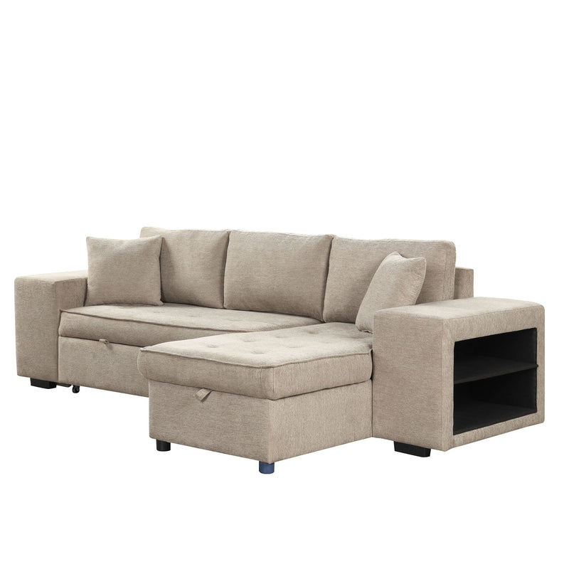 Modern L-Shape 3 Seat Reversible Sectional Couch, Pull Out Sleeper Sofa With Storage Chaise And 2 Stools For Living Room Furniture Set