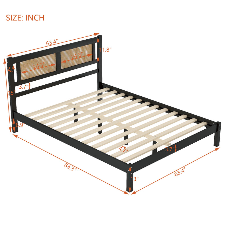 Queen Size Wooden Platform Bed with Natural Rattan Headboard, Exquisite Elegance with Minimalist Charm for Bedroom, Black