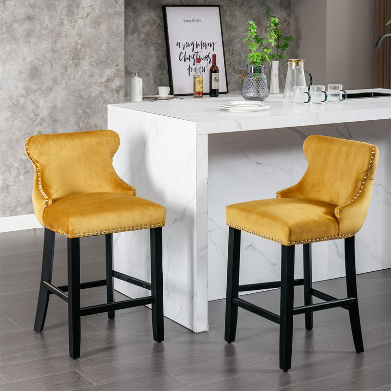 Contemporary Velvet Upholstered Wing-Back Barstools With Button Tufted Decoration And Wooden Legs, And Chrome Nailhead Trim, Leisure Style Bar Chairs, Bar Stools (Set of 4)