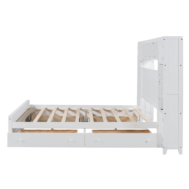 Queen Size Wooden Bed With All-in-One Cabinet, Shelf and Sockets, White