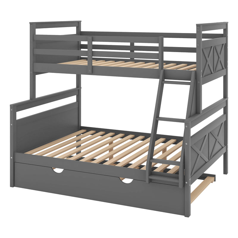 Twin over Full Bunk Bed with Ladder, Twin Size Trundle, Safety Guardrail, Gray(Old SKU:SM000208AAE-1)