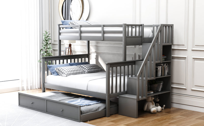 Stairway Twin-Over-Full Bunk Bed with Twin size Trundle, Storage and Guard Rail for Bedroom, Dorm, for Adults, Gray(OLD SKU :LT000119AAE)