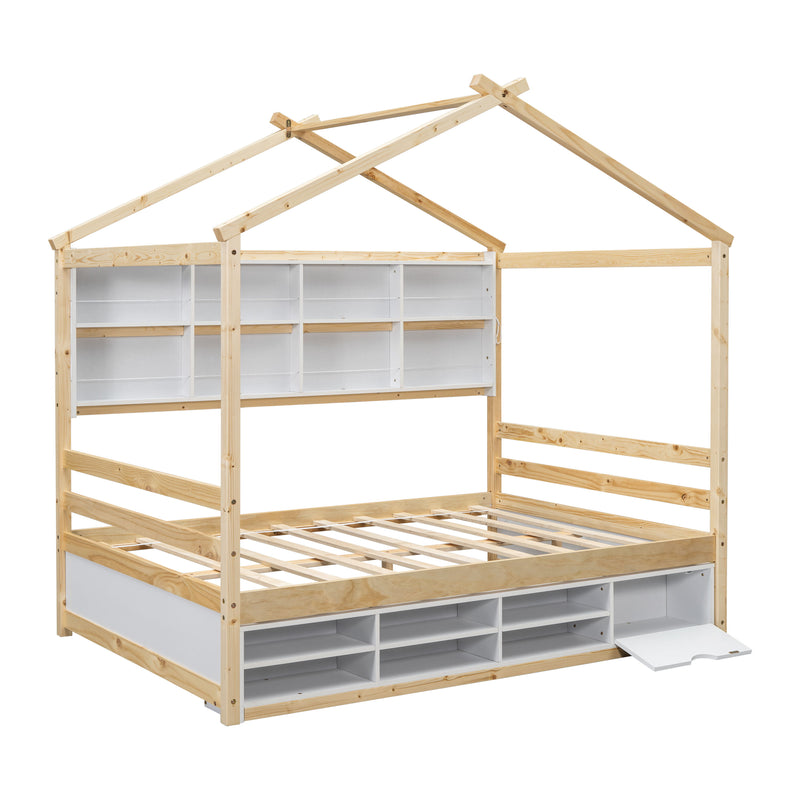 House Bed With Roof Frame, Bedside-Shelves, Under Bed Storage Unit