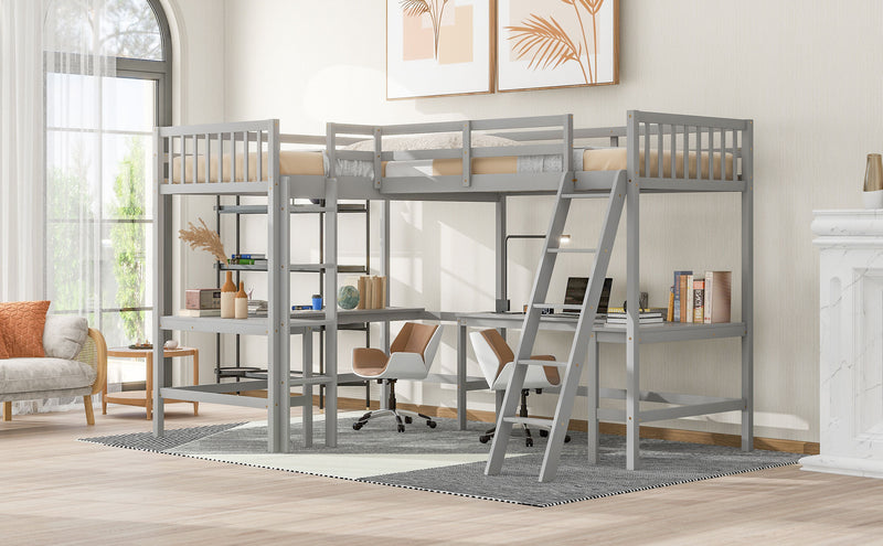 Wood Twin Size L-Shaped Loft Bed with Ladder and 2 Built-in L-Shaped Desks, Gray