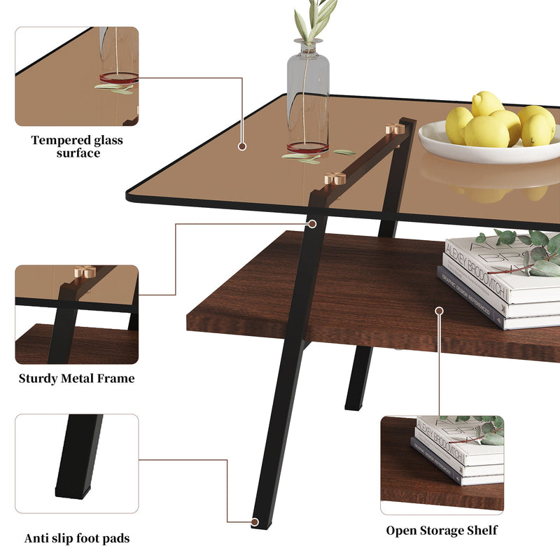 Rectangle Coffee Table, Tempered Glass Tabletop With Metal Legs, Modern Table For Living Room - Brown