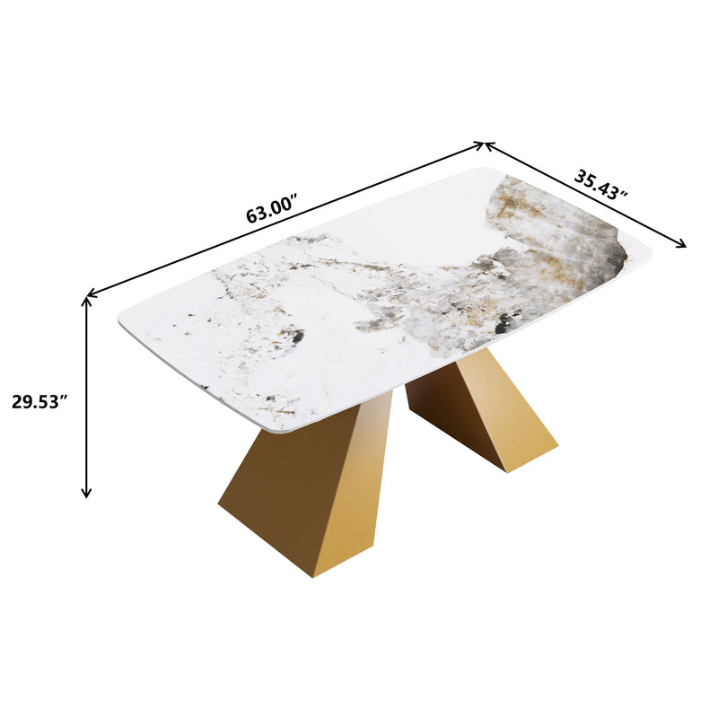 63" Modern Artificial Stone Pandora White Curved Metal Leg Dining Table, 6 People - Antique White / Gold