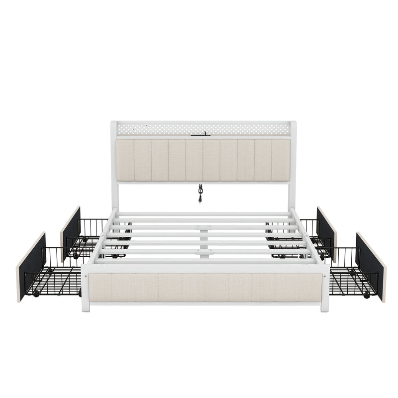 Queen Bed Frame with LED Headboard, Upholstered Bed with 4 Storage Drawers and USB Ports, Beige