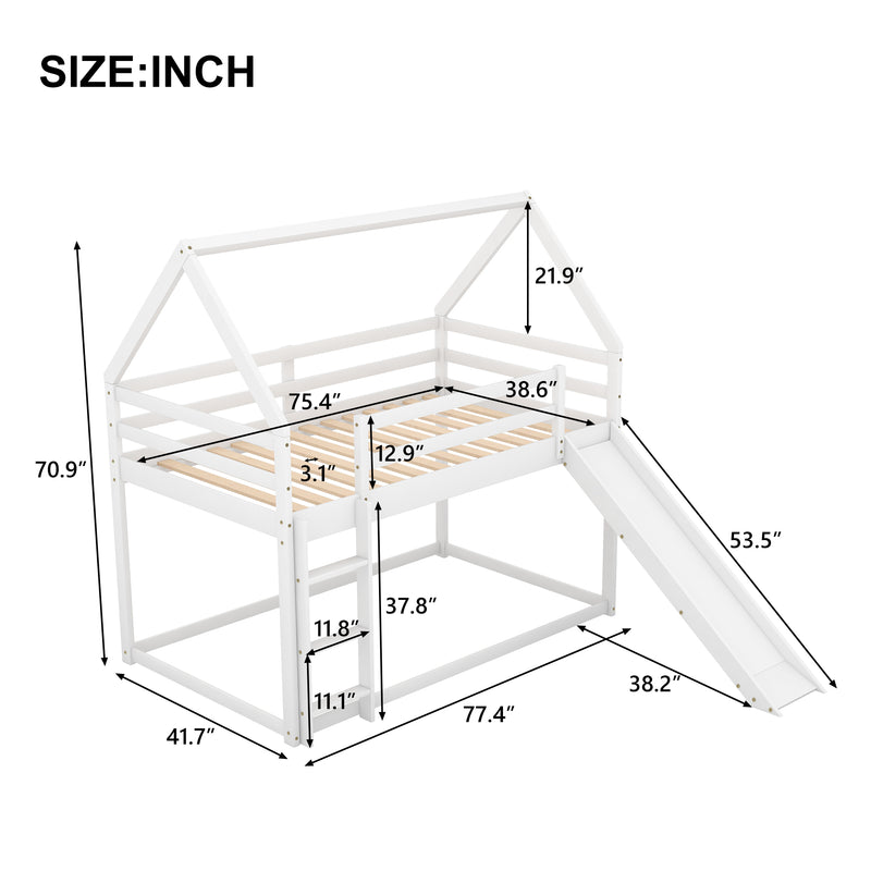 Twin Size Bunk House Bed with Slide and Ladder,White