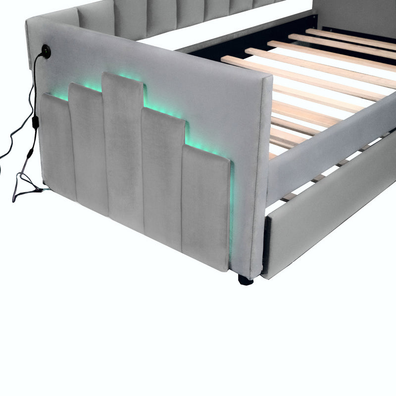 Twin Size Upholstered Daybed with Light and USB Port, Gray