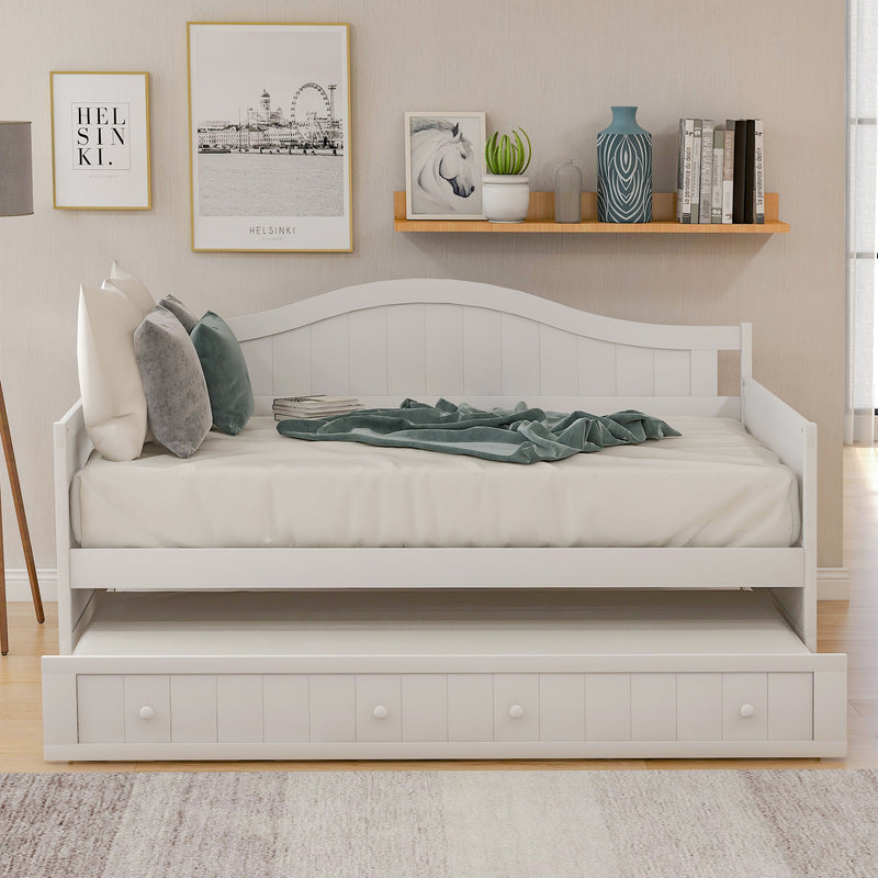 Twin Wooden Daybed with Trundle Bed, Sofa Bed for Bedroom Living Room,White