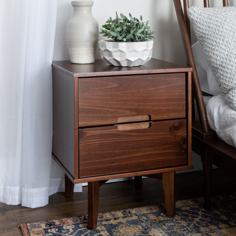 Mid-Century Modern 2 Drawer Solid Wood Nighstand With Cutout Handles