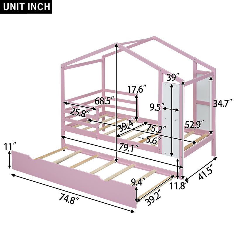 Twin Size Wood House Bed with Fence and Writing Board,Pink