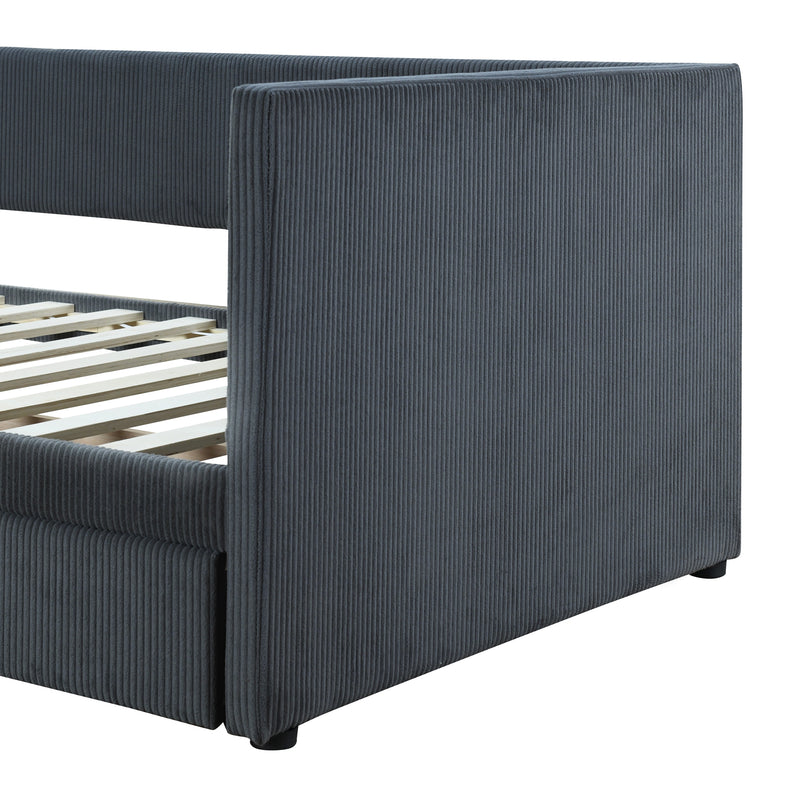 Twin Size Corduroy Daybed with Two Drawers and Wood Slat, Gray