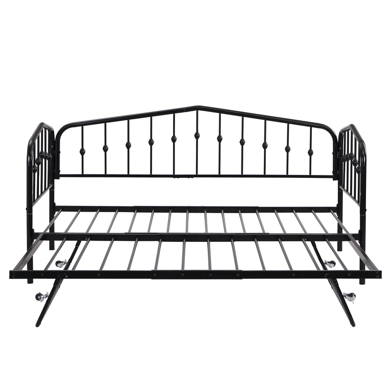 Twin Size Stylish Metal Daybed with Twin Size Adjustable Trundle, Portable Folding Trundle, Black