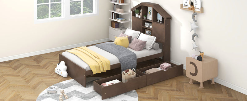 Twin Size Wood Platform Bed with House-shaped Storage Headboard and 2 Drawers, Walnut