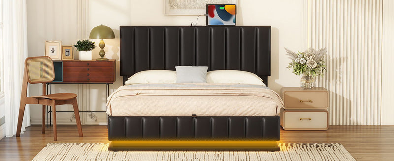 Queen Size Upholstered Bed With Hydraulic Storage System And LED Light, Modern Platform Bed With Sockets And USB Ports