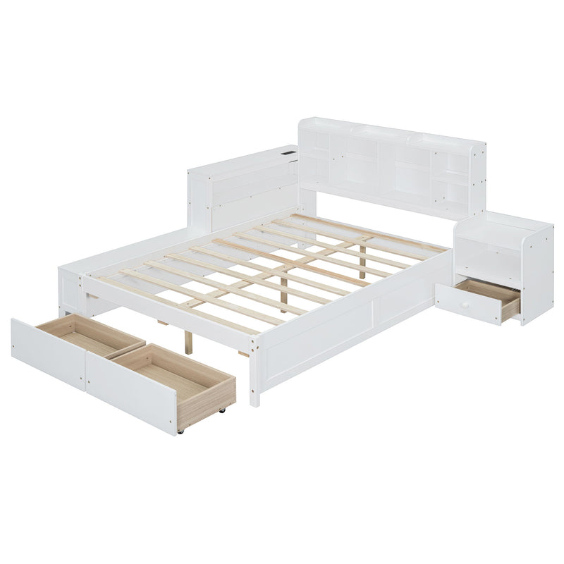 Platform Bed With Multi Functional Storage Space, Nightstand, 2 Drawers, USB Ports And Desk