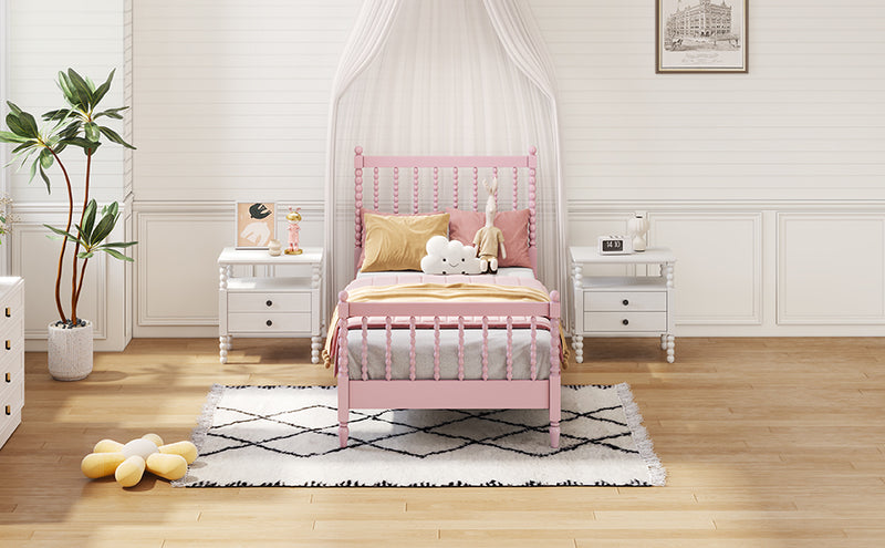 Twin Size Wood Platform Bed with Gourd Shaped Headboard and Footboard, Pink