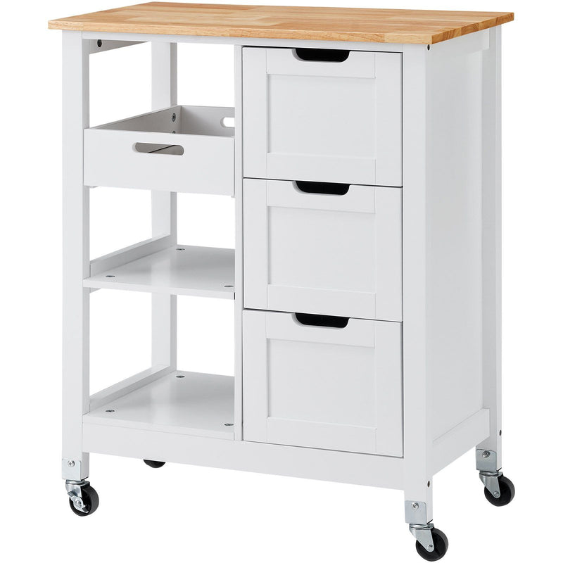 Rolling Portable Small Kitchen Island Cart On Wheels With Solid Wood Top, Dining Room Serving Utility Carts Mobile Movable With 3 Drawers And Storage Shelves Cabinet - White