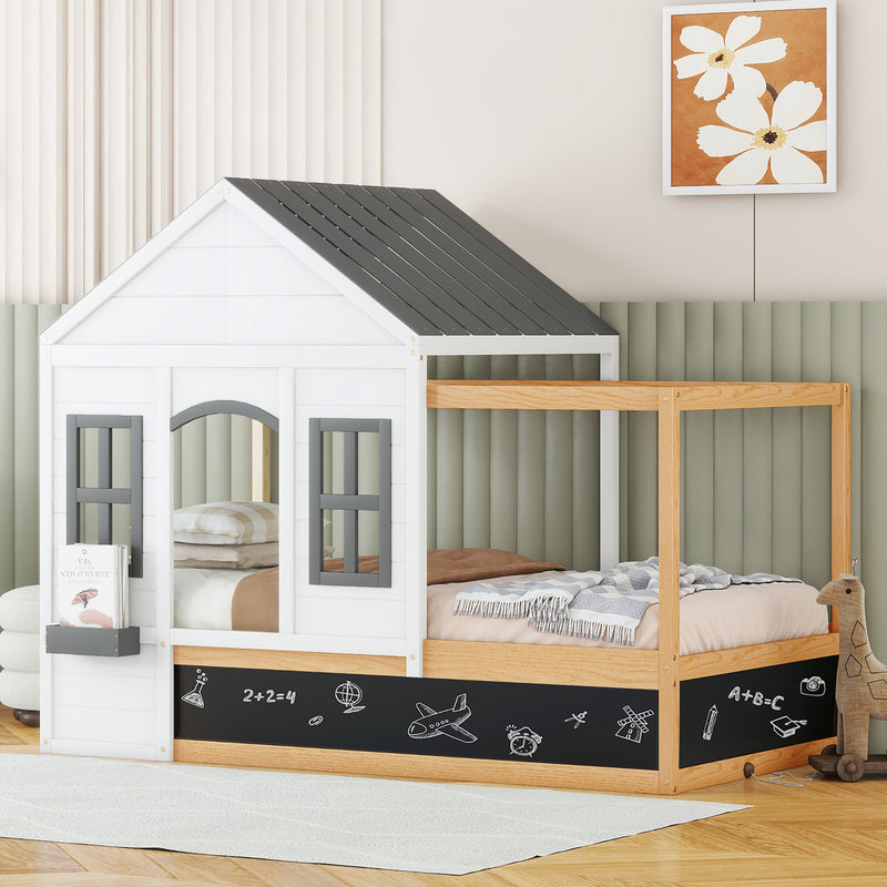 Twin Size House Shaped Canopy Bed with Black Roof and White Window,Blackboard and Little Shelf, White(Old SKU: WF294051AAK)