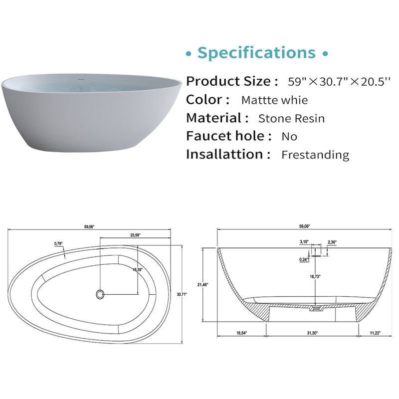 Solid Surface Matte Tub, Freestanding Solid Surface Resin Stone Bathtub, Solid Surface Matte White Soaking Tub, Free Standing Tub With Overflow And Pop-Up Drain - Matte White