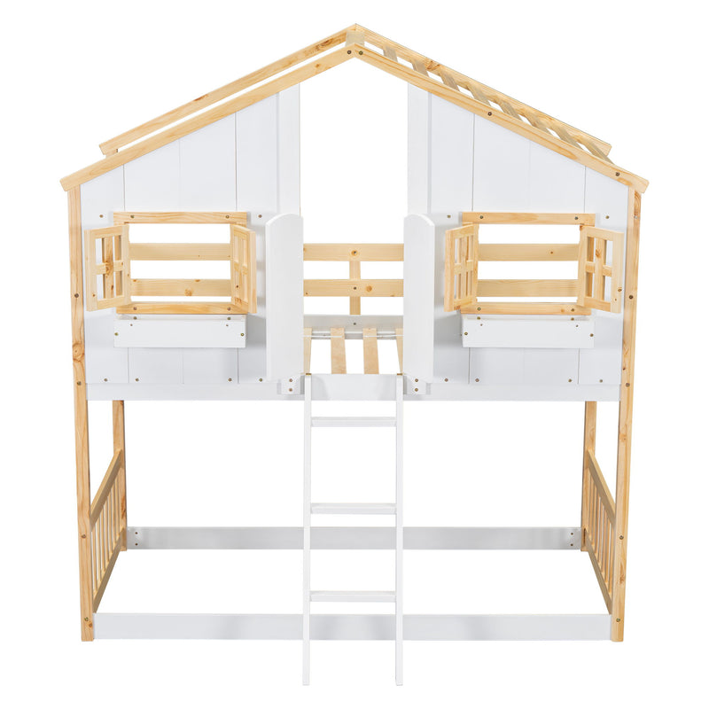 House Bunk Bed With Roof, Window, Window Box, Door, With Safety Guardrails And Ladder