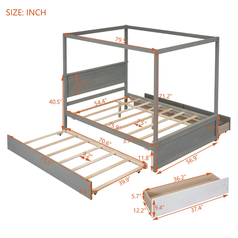 Wood Canopy Bed with Trundle Bed and two Drawers ,Full Size Canopy Platform bed With Support Slats .No Box Spring Needed, Brushed Gray