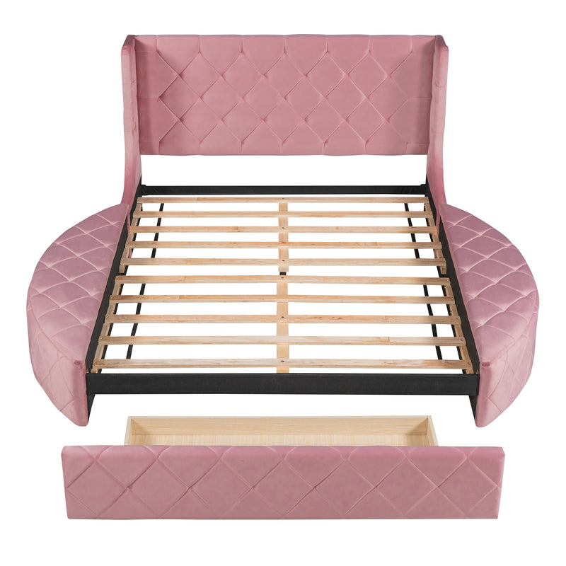 Upholstered Platform Bed Queen Size Storage Velvet Bed with Wingback Headboard and 1 Big Drawer,2 Side Storage Stool(Pink)