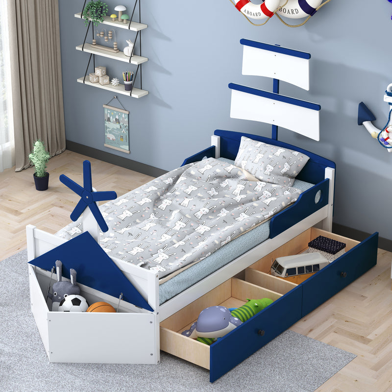 Twin Size Boat-Shaped Platform Bed with 2 Drawers ,Twin Bed with Storage for Bedroom,Blue