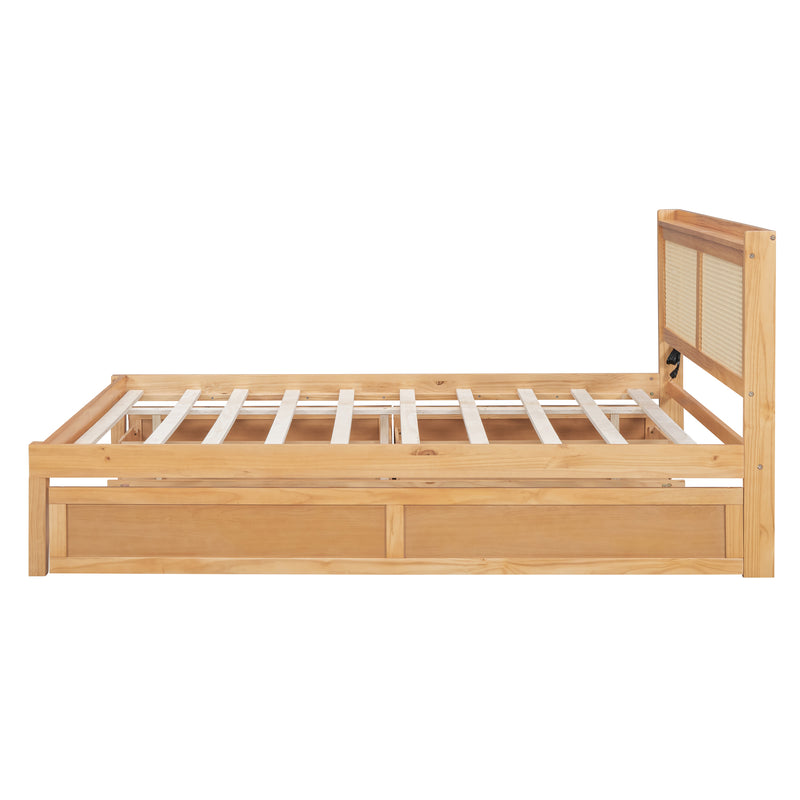 Queen Size Elegant Bed Frame with Rattan Headboard and Sockets ,Walnut