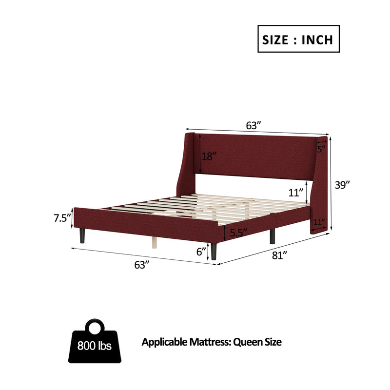 Queen Size BedFrame Upholstered Bed Frame Platform, Non-adjustable Headboard Linen Fabric Headboard Wooden Strip Support/No Box Spring/Easy Assembly/Mattress Base, OrangeQueen