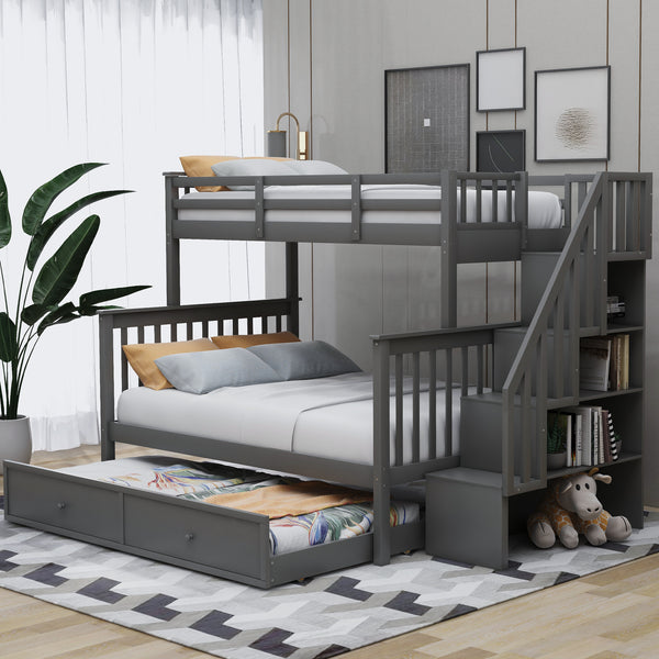 Stairway Twin-Over-Full Bunk Bed with Twin size Trundle, Storage and Guard Rail for Bedroom, Dorm, for Adults, Gray(OLD SKU :LT000119AAE)