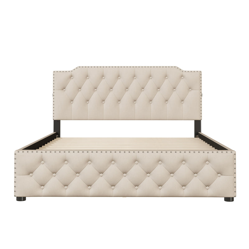 Upholstered Platform Bed With 2 Drawers And 2 Sets Of USB Ports On Each Side, Linen Fabric