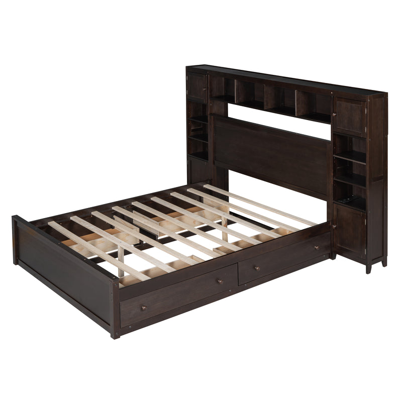 Queen Size Wooden Bed With All-in-One Cabinet, Shelf and Sockets, Espresso