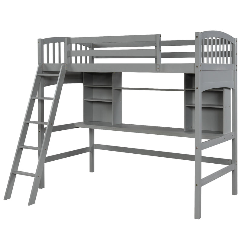 Twin size Loft Bed with Storage Shelves, Desk and Ladder, Gray(OLD SKU :LP000140EAA)